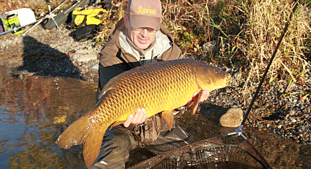 man holding a carp on the shoreline