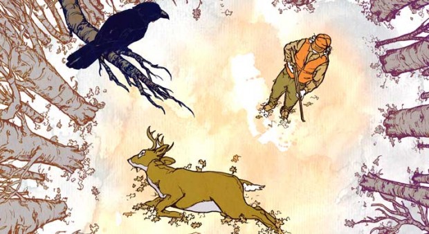 expecting tears - illustration of a hunter and a downed deer